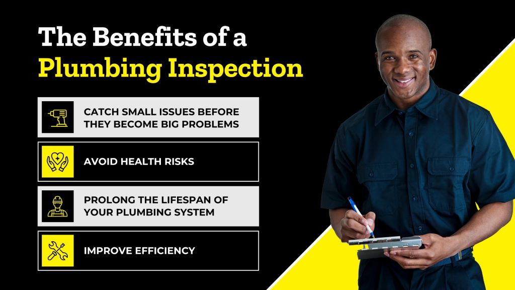 Black and yellow graphic with a smiling inspector holding a clipboard and pen. The graphic reads: "The benefits of a plumbing inspection. Catch small issues before they become big problems, avoid health risks, prolong the lifespan of your plumbing system, improve efficiency."