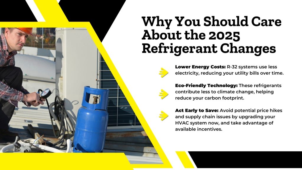 This is an image of an HVAC tech checking the refrigerant of a AC unit. The headline reads; Why you should care about the 2025 refrigerant changes.