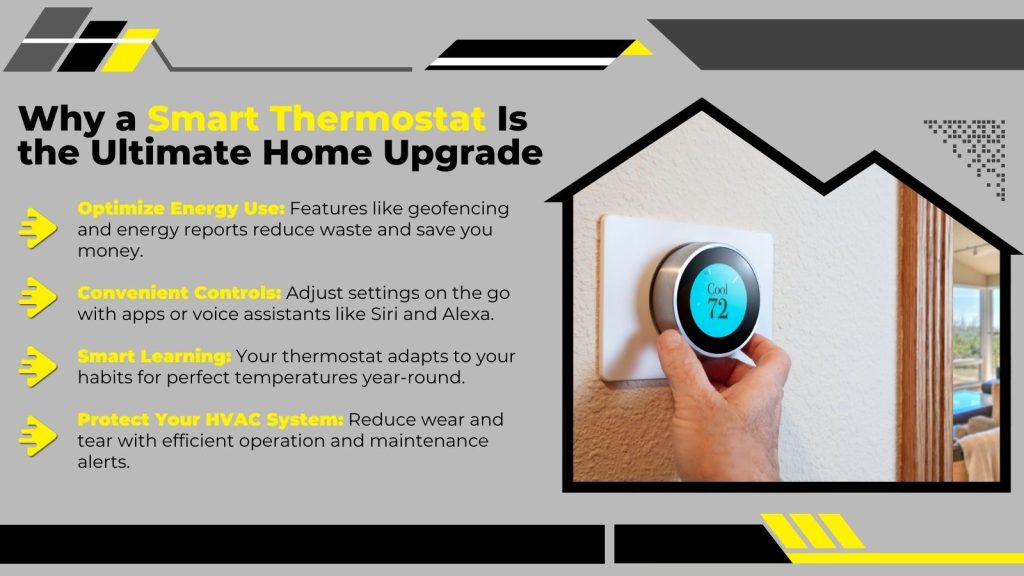 This is an image of a homeowner adjusting a smart thermostat. The headline reads; Why a smart thermostat is the ultimate home upgrade.