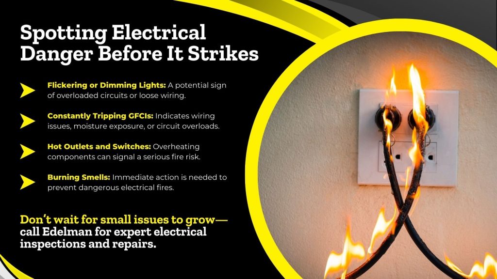 This is an image of an electrical outlet on fire. The headline reads; Spotting electrical danger before it strikes.